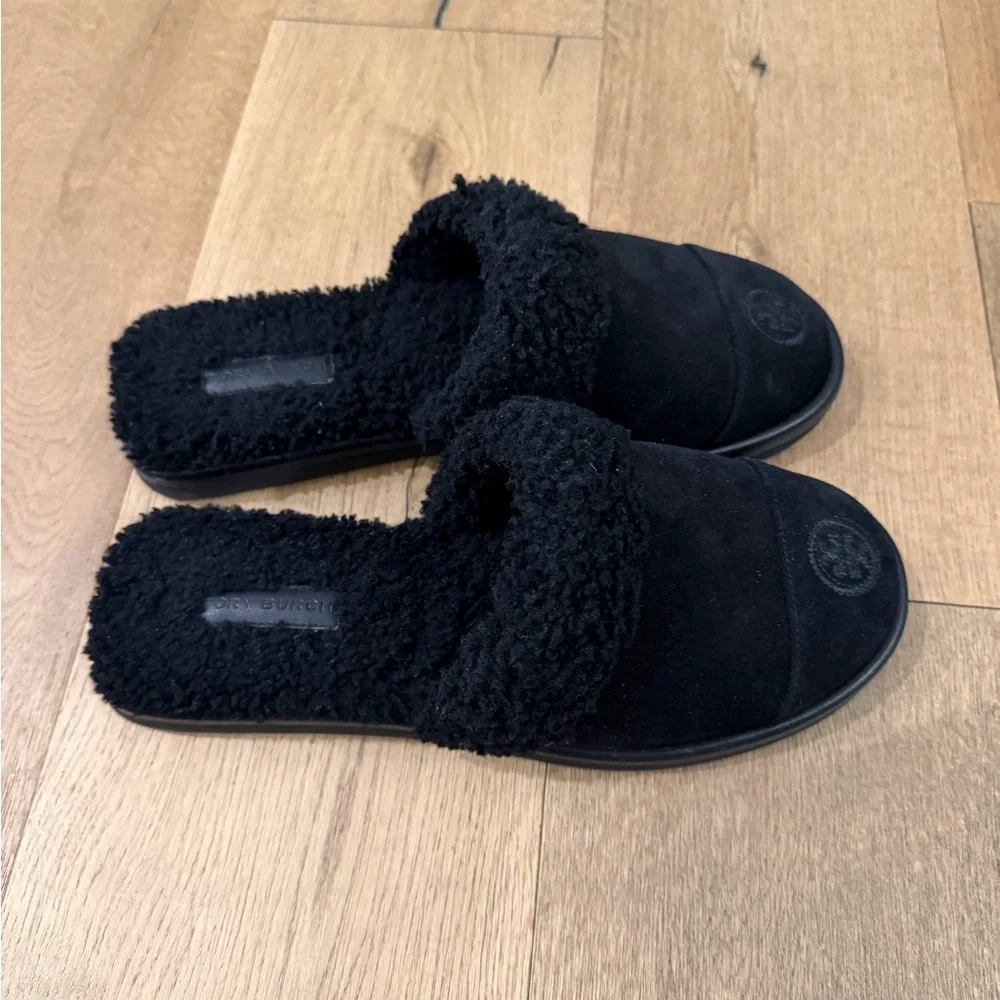 Tory Burch Suede and Shearling Slipper Slides Size 8 Black Flats Slip ons